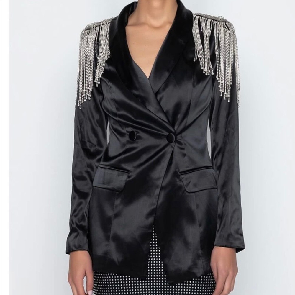 AKIRA Black Bedazzled Satin Blazer, Size Small